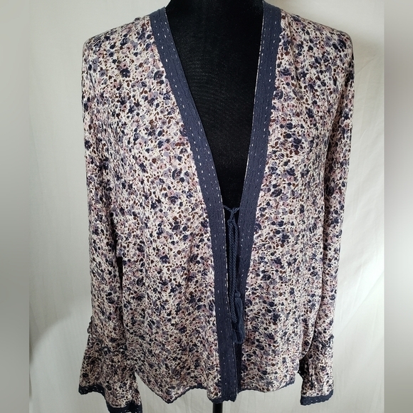 Nalini Navy and Pink with Gold Shimmer Open Front w/Tie Closure One Sz Fits All - Picture 2 of 11